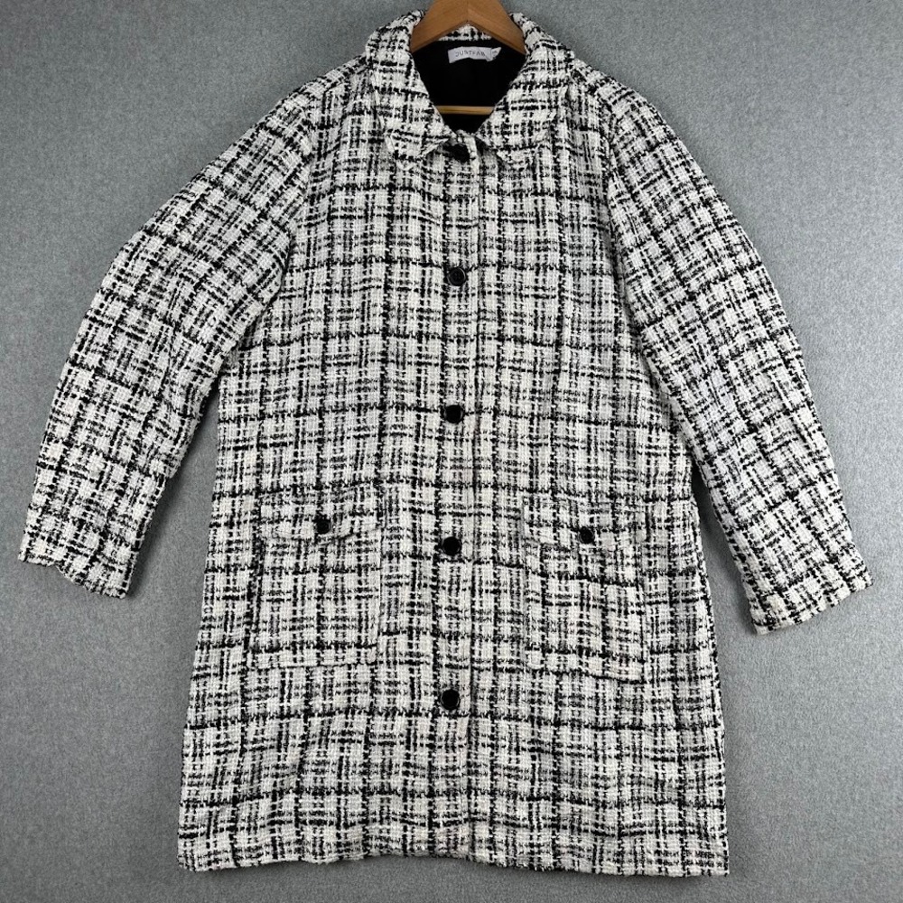 Black & White Tweed Plaid Button Front Long Pea Coat Women's XXL JustFab Jacket‎